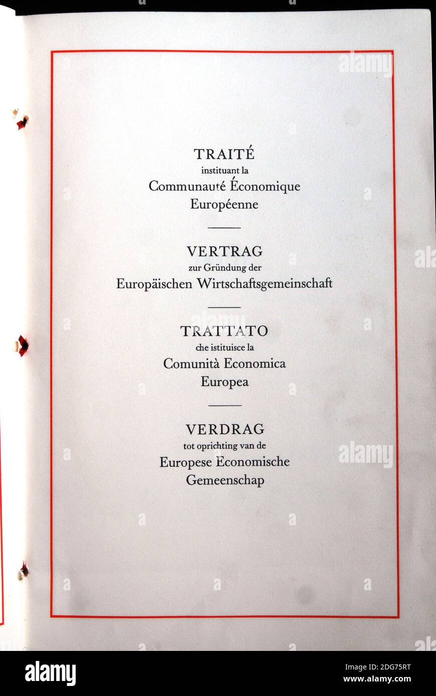 The original Treaty of Rome establishing the European Economic Community is kept in the archives of the Farnesina palace, the italian Ministry of Foreign Affairs in Rome, Italy. 60 years ago, on 25th March 1957 during a solemn ceremony in the 'Orazi e Curiazi hall' of Palazzo dei Conservatori in Campidoglio in Rome, six countries: Germany, France, Italy, Luxembourg, Netherlands and Belgium signed the Treaty of Rome creating the European Economic Community (EEC). The Treaty was signed by the following: Paul-Henri Spaak and J.Ch Snoy et d'Oppuers (Belgium), Konrad Adenauer and Walter Hallstein ( Stock Photo