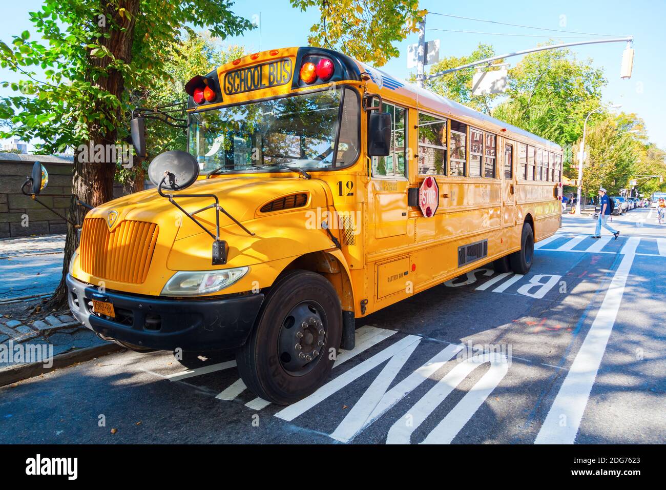 Typical NYC yellow school bus in Manhattan, NYC Stock Photo