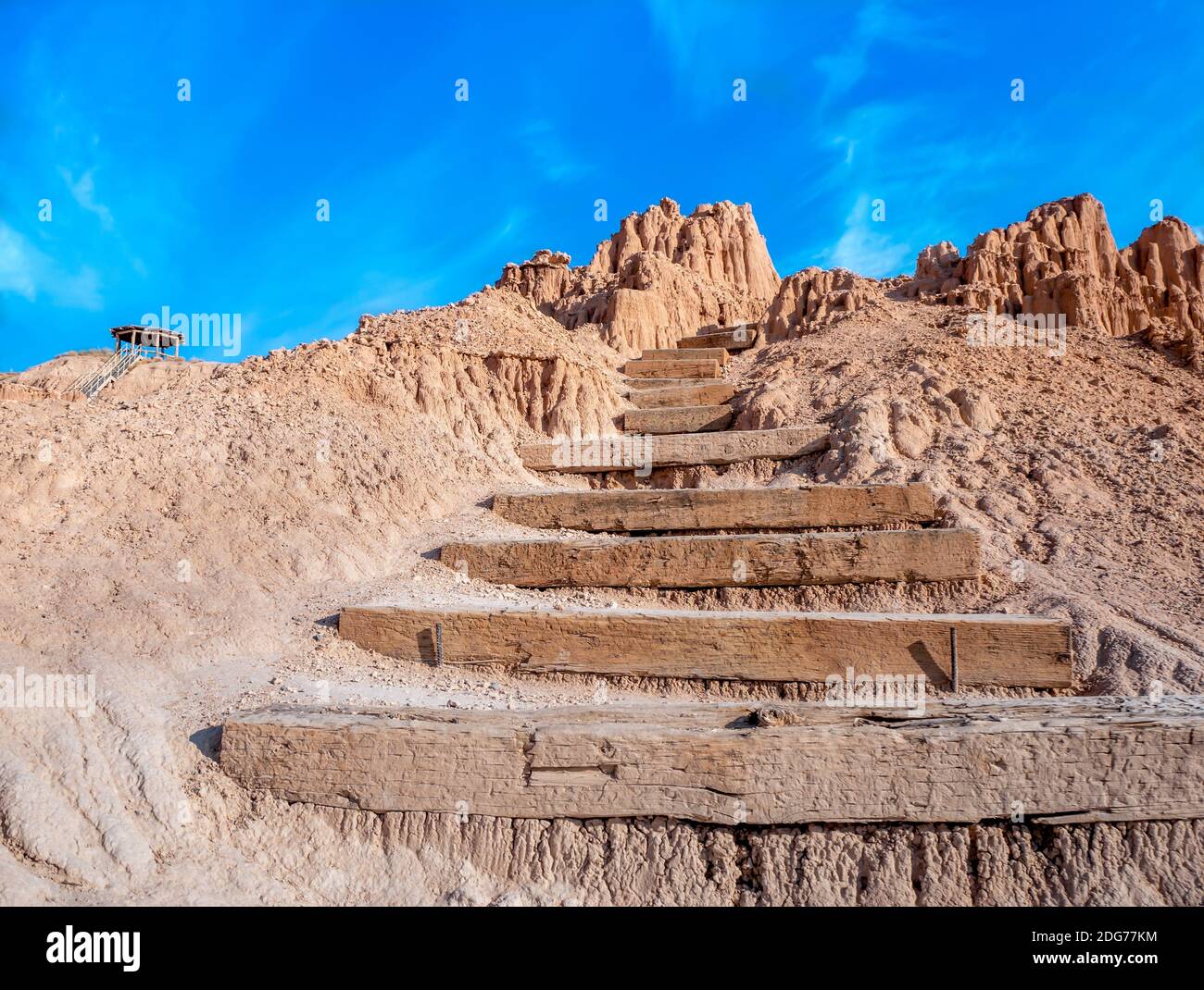 Wood plank steps on hiking trail at Cathedral Gorge State Park, Nevada Stock Photo