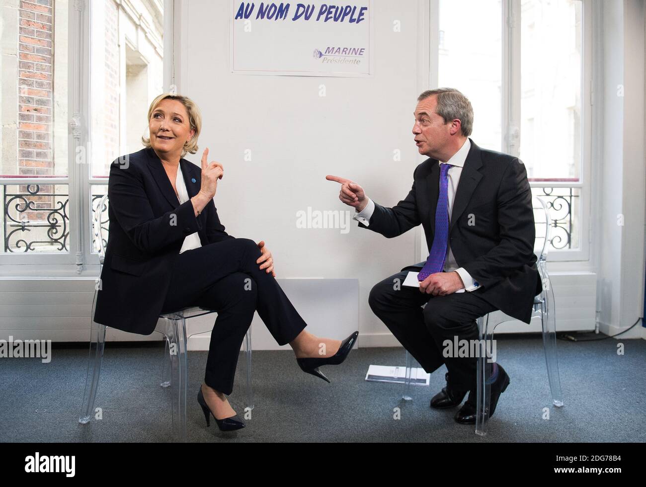Exclusive - LBC presenter Nigel Farage interviews Marine Le Pen in Paris  for his weeknight national radio show in Paris on March 12, 2017. The full  interview will be broadcast in The Nigel Farage Show tonight (Wednesday)  from 7pm on LBC. Photo by Eliot ...
