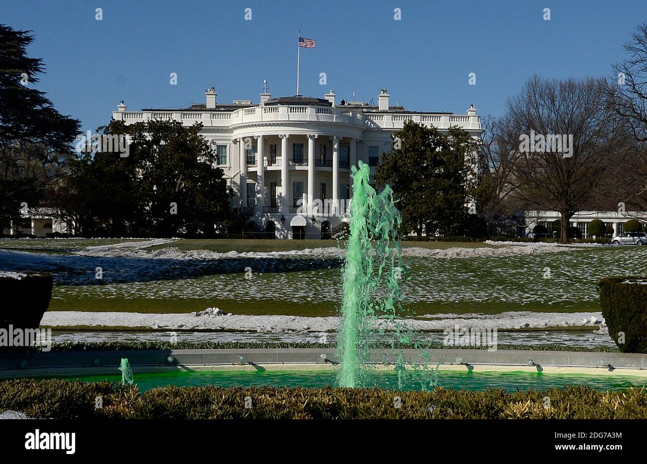 Fountain on the South side of the White House is dyed green for St. Patrick's Day in Washington D.C.,on March 16, 2017 in Washington, DC. Photo by Olivier Douliery/ SipaUSA Stock Photo