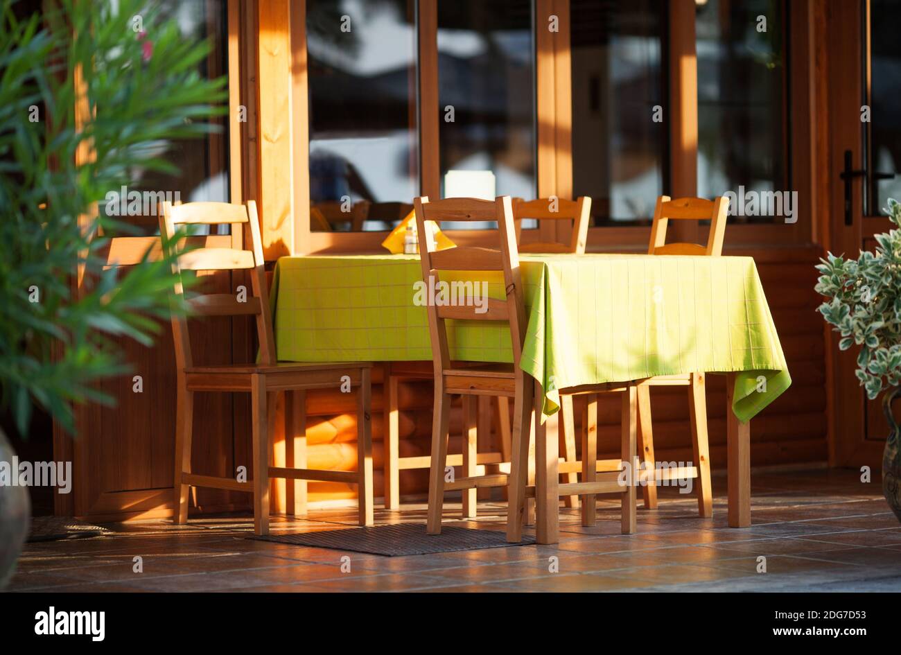 Colorful outdoor table at an open-air restaurant Stock Photo