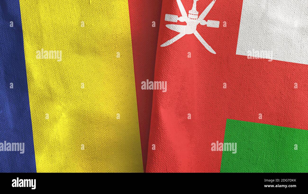 Oman and Chad two flags textile cloth 3D rendering Stock Photo