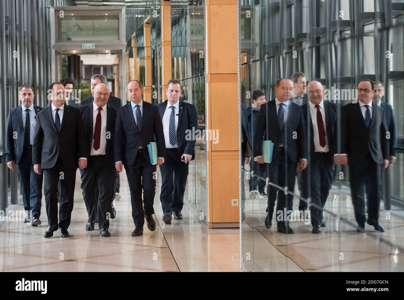 French President Francois Hollande, Minister of Justice Jean-Jacques Urvoas, Minister of the Economy and Finance Michel Sapin and AFA director Charles Duchaine arriving for the inauguration of the French Anti-corruption Agency (AFA), at the Ecoomy and Finance Ministry's headquarters, in Paris, France on March 23, 2017. Photo by Eliot Blondet/ABACAPRESS.COM Stock Photo