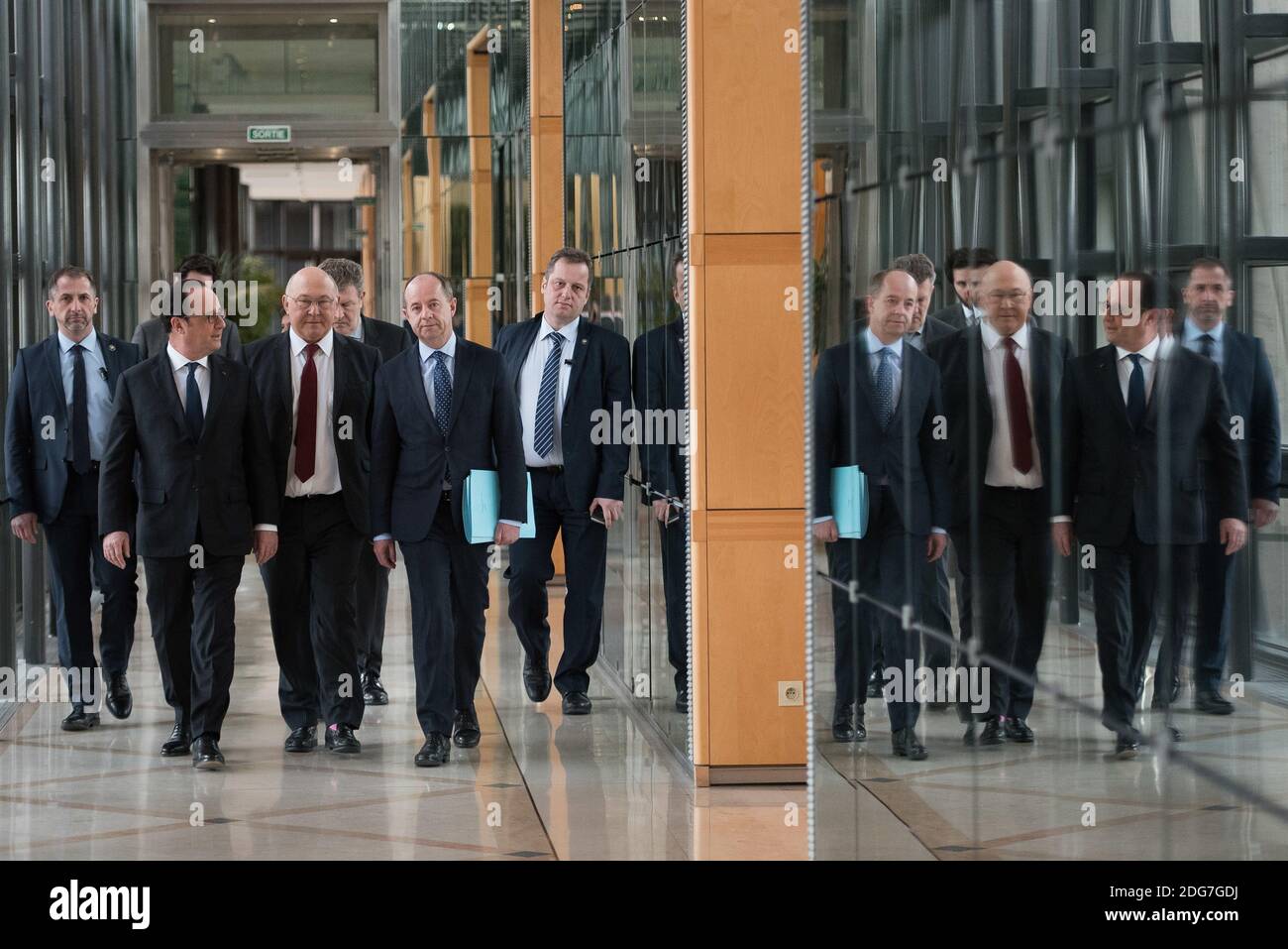 French President Francois Hollande, Minister of Justice Jean-Jacques Urvoas, Minister of the Economy and Finance Michel Sapin and AFA director Charles Duchaine arriving for the inauguration of the French Anti-corruption Agency (AFA), at the Ecoomy and Finance Ministry's headquarters, in Paris, France on March 23, 2017. Photo by Eliot Blondet/ABACAPRESS.COM Stock Photo