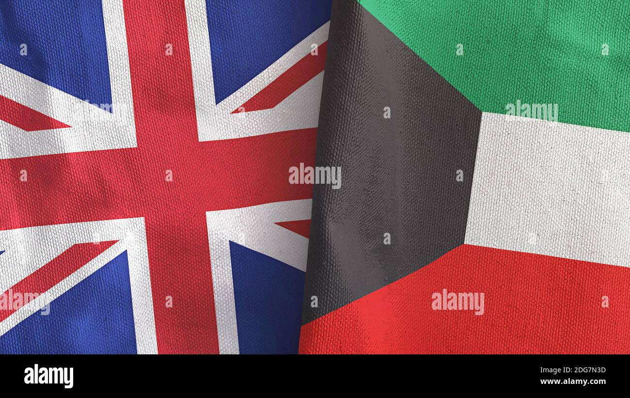 Kuwait and United Kingdom two flags textile cloth 3D rendering Stock Photo