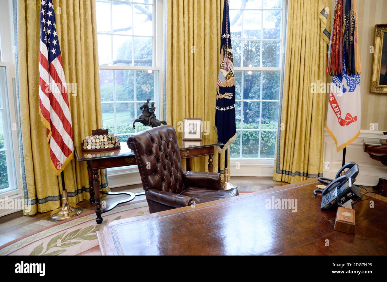 The Resolute desk is seen in the Oval Office of the White House March 31, 2017 in Washington, DC. .Photo by Olivier Douliery/ Abaca Stock Photo