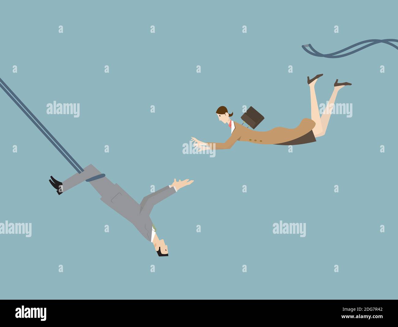 Teamwork Challange Concept. A Businessman Catching a Flying Businesswoman As a Trapeze Artist. Stock Photo