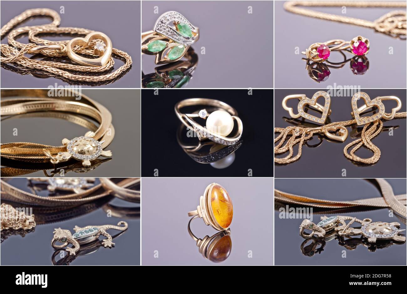 Set photos : jewelry of gold with various gemstones and different shapes Stock Photo