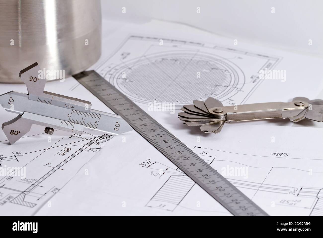 Templates for visual measurement control are on the drawing pipe element Stock Photo