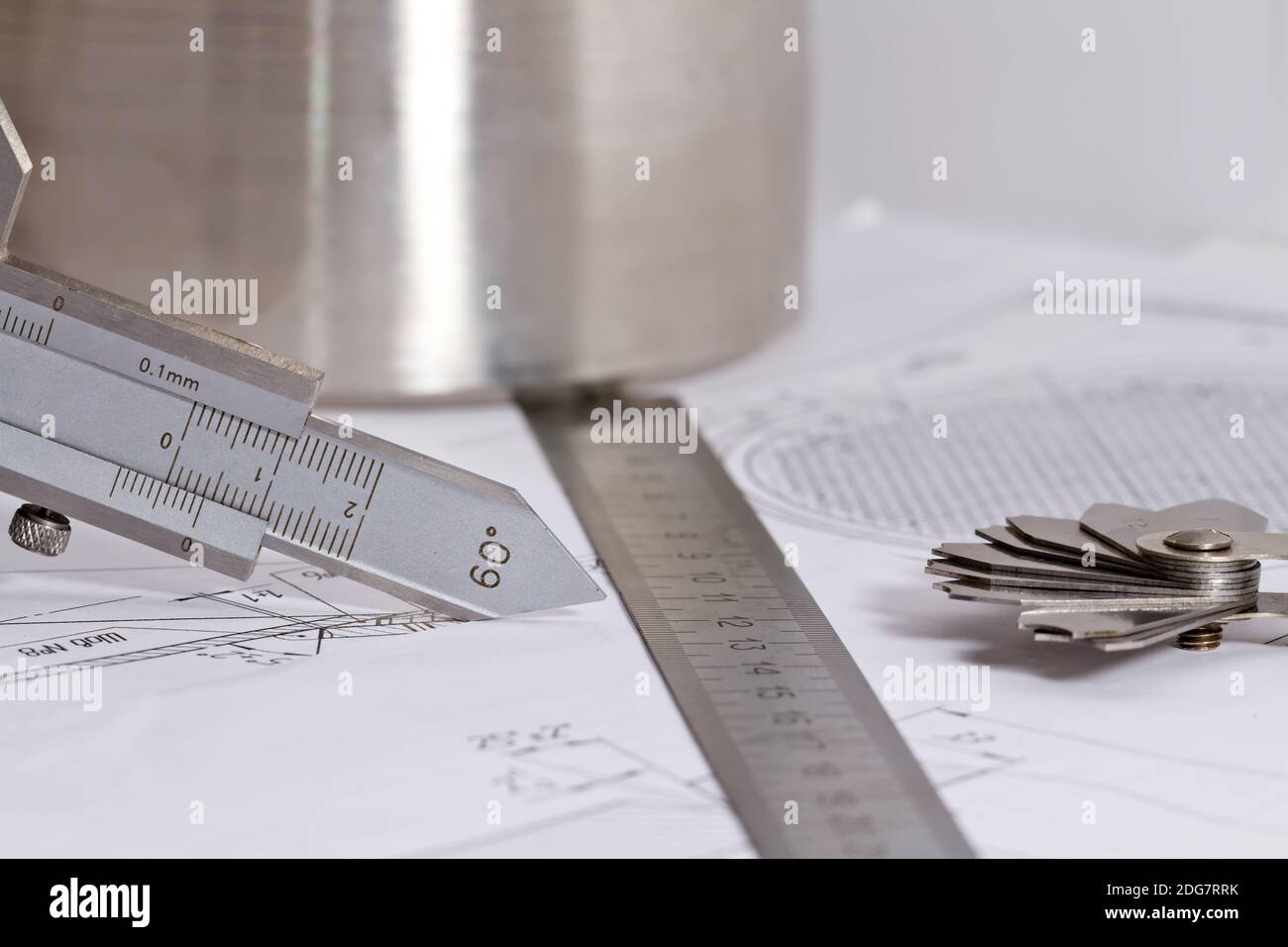 Templates for visual measurement control are on the drawing pipe element Stock Photo