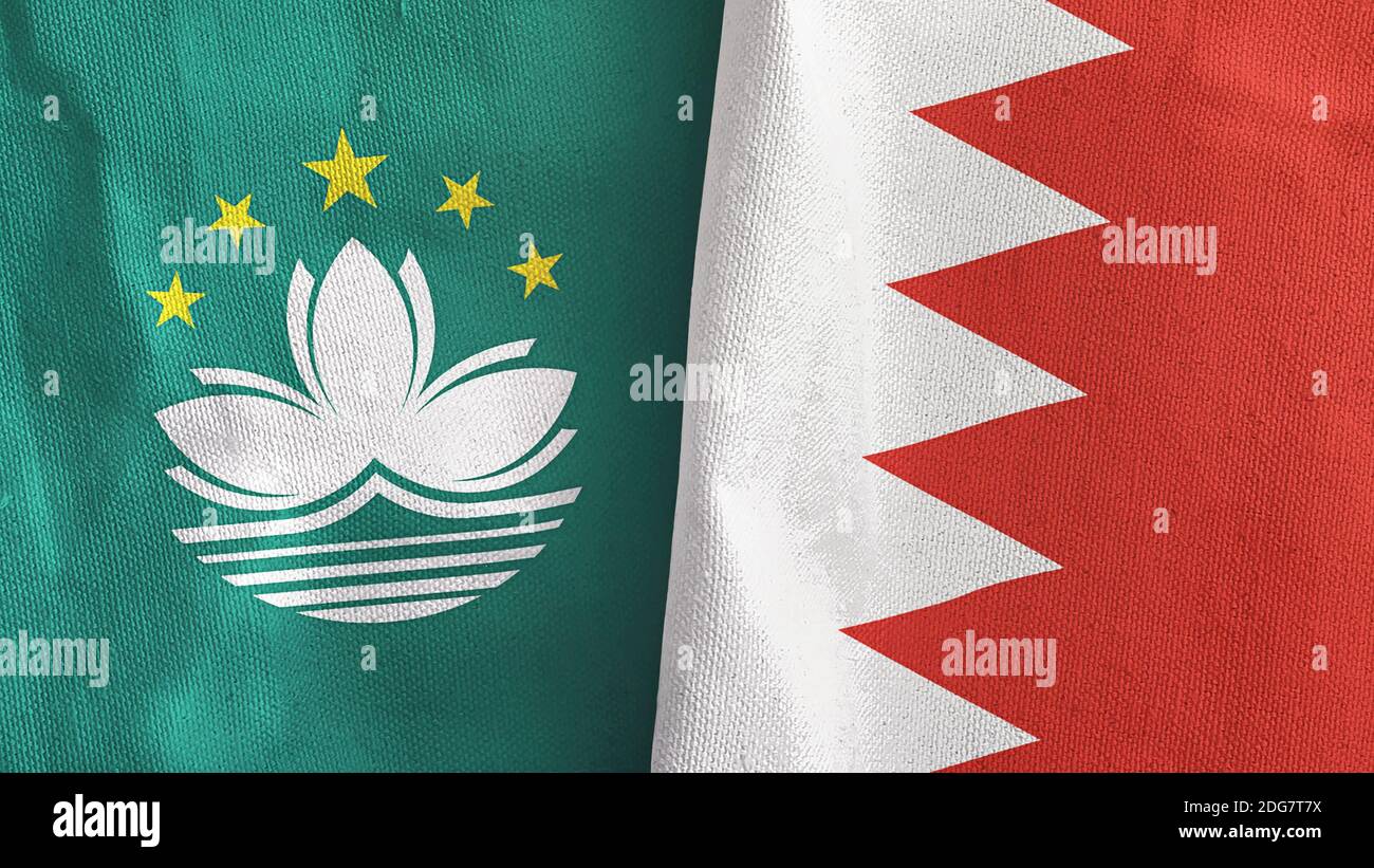 Bahrain and Macau two flags textile cloth 3D rendering Stock Photo Alamy