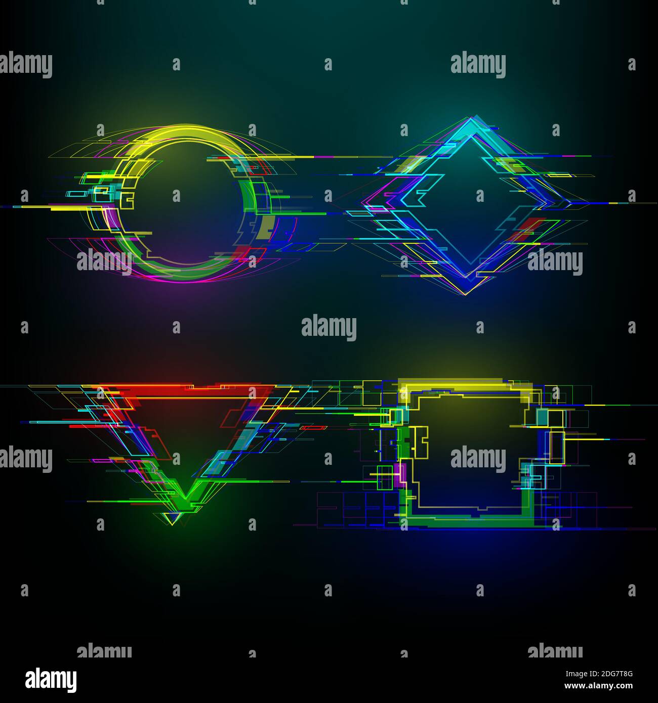 Set of futuristic glitch geometry shapes in cyberpunk style. Modern glowing circle, rhombus, rectangle and triangle with distortion effect. Good for Stock Vector