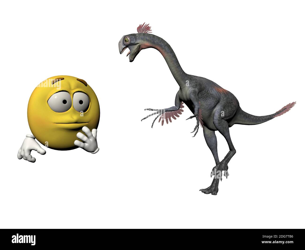 Emoticon scared at the sight of a dinosaur - 3d render Stock Photo