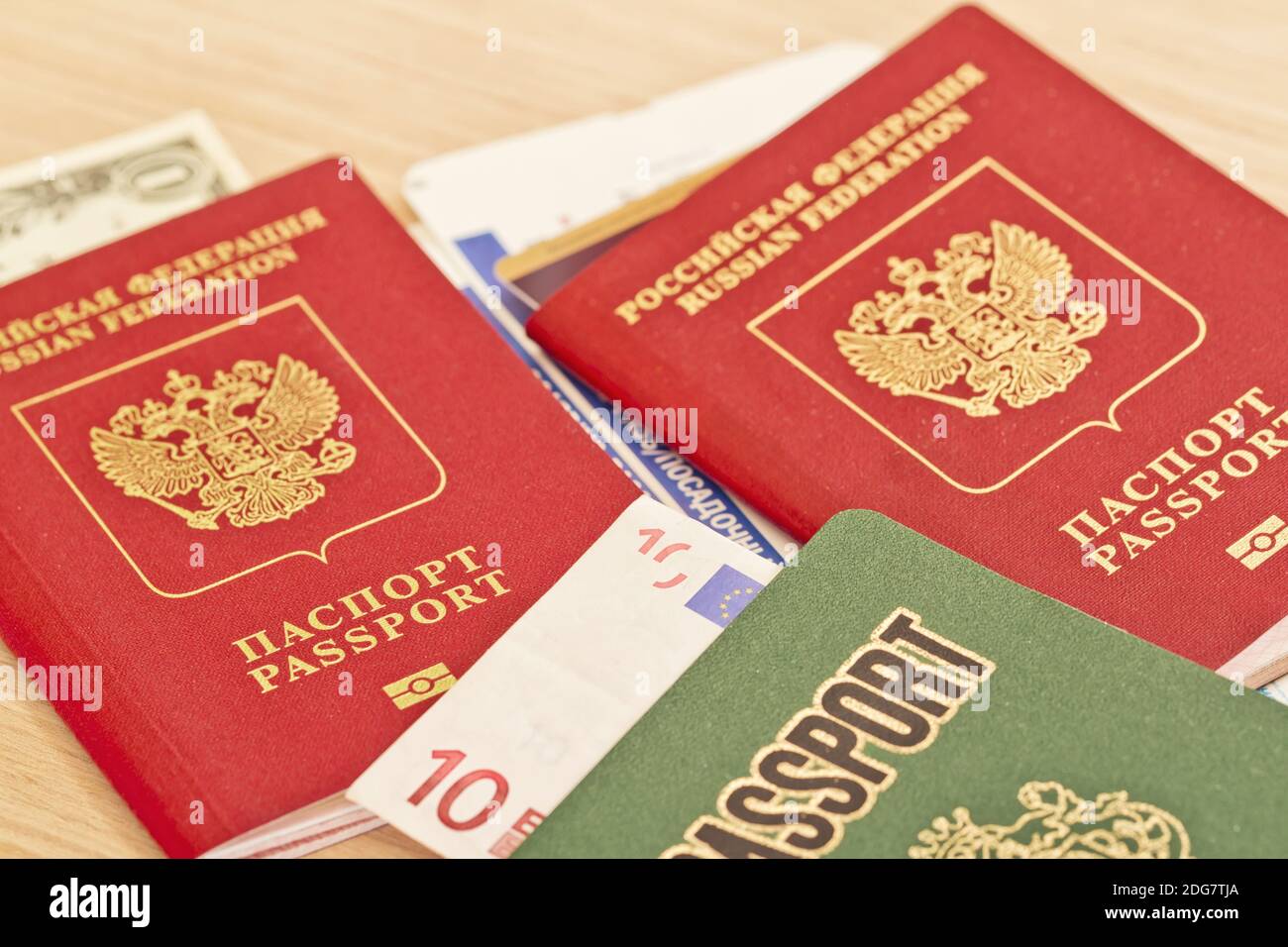Fees before you travel. Things not to forget : passport, tickets and cash Stock Photo