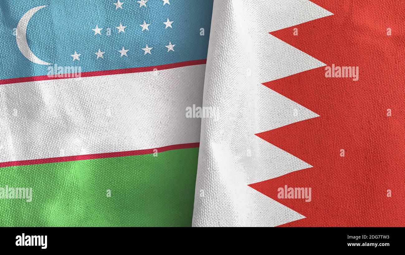 Bahrain and Uzbekistan two flags textile cloth 3D rendering Stock Photo