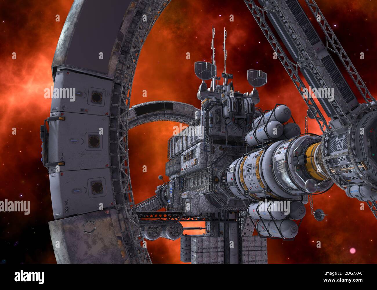 3D illustration future space station in deep space Stock Photo - Alamy