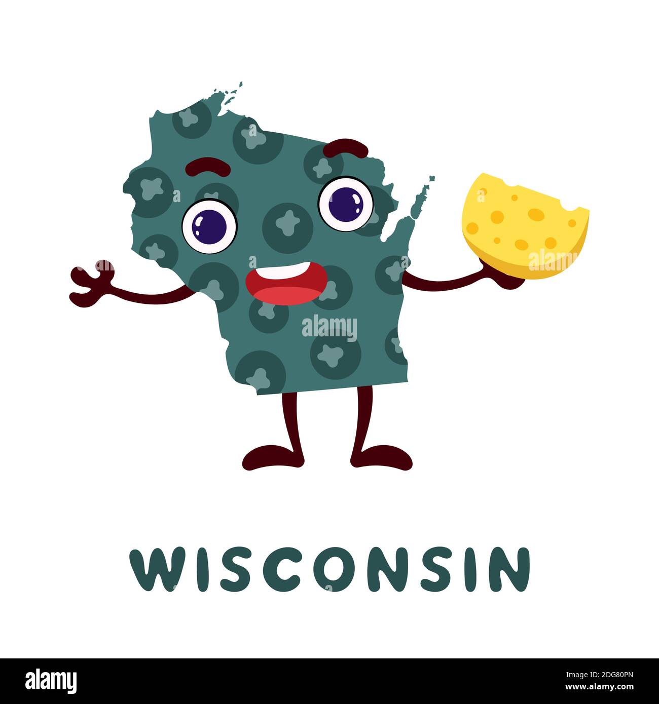 Cute cartoon Wisconsin state character clipart. Illustrated map of state of Wisconsin of USA with state name. Funny character design for kids game, Stock Vector