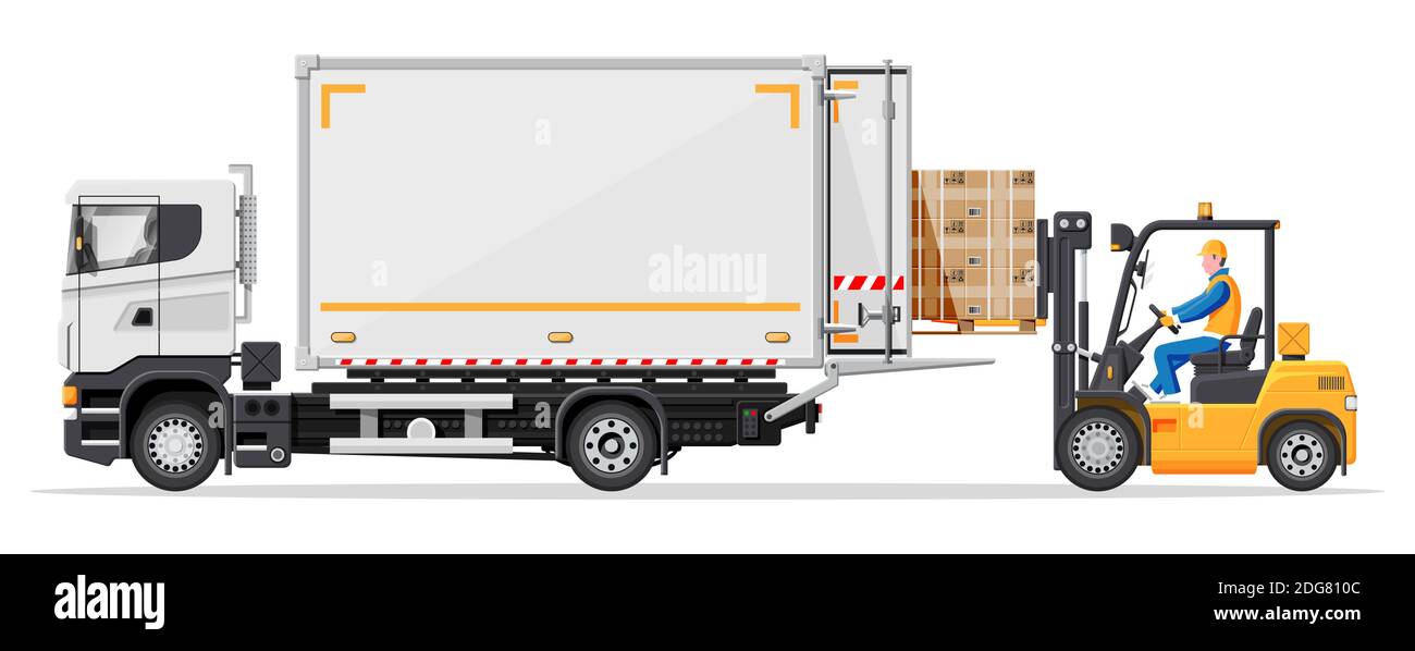 Forklift loading pallet boxes into truck. Warehouseman with checklist
