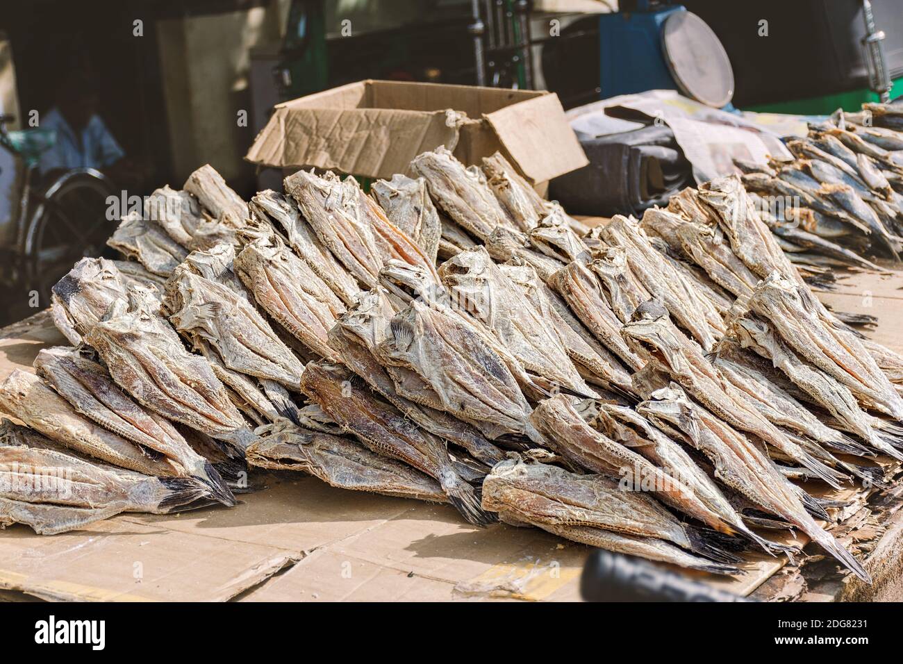 Local street market, dried salted fish stall. Sri Lanka, Weligama Stock