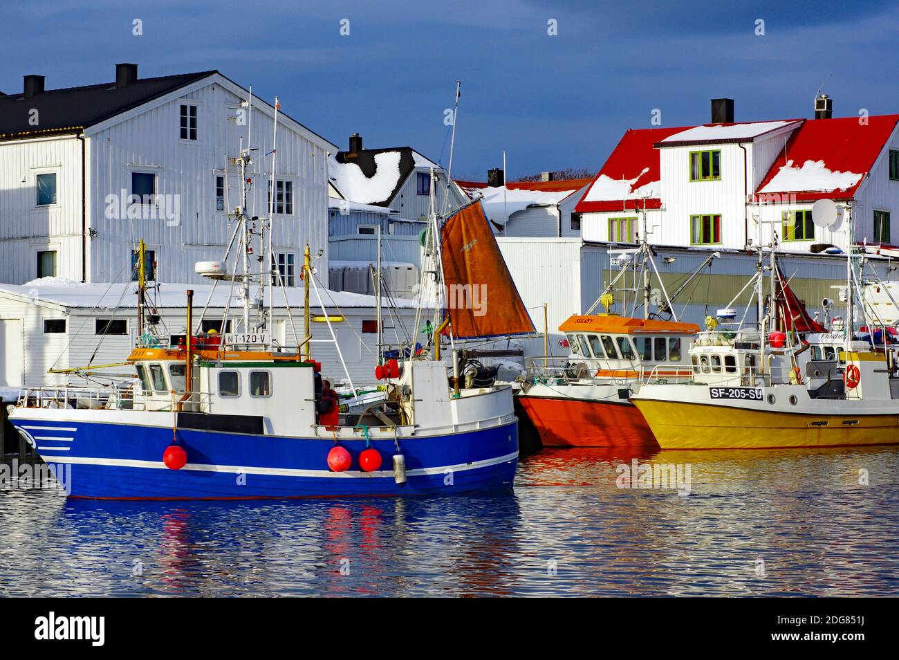 Boats in Henningsvaer Harbour Stock Photo