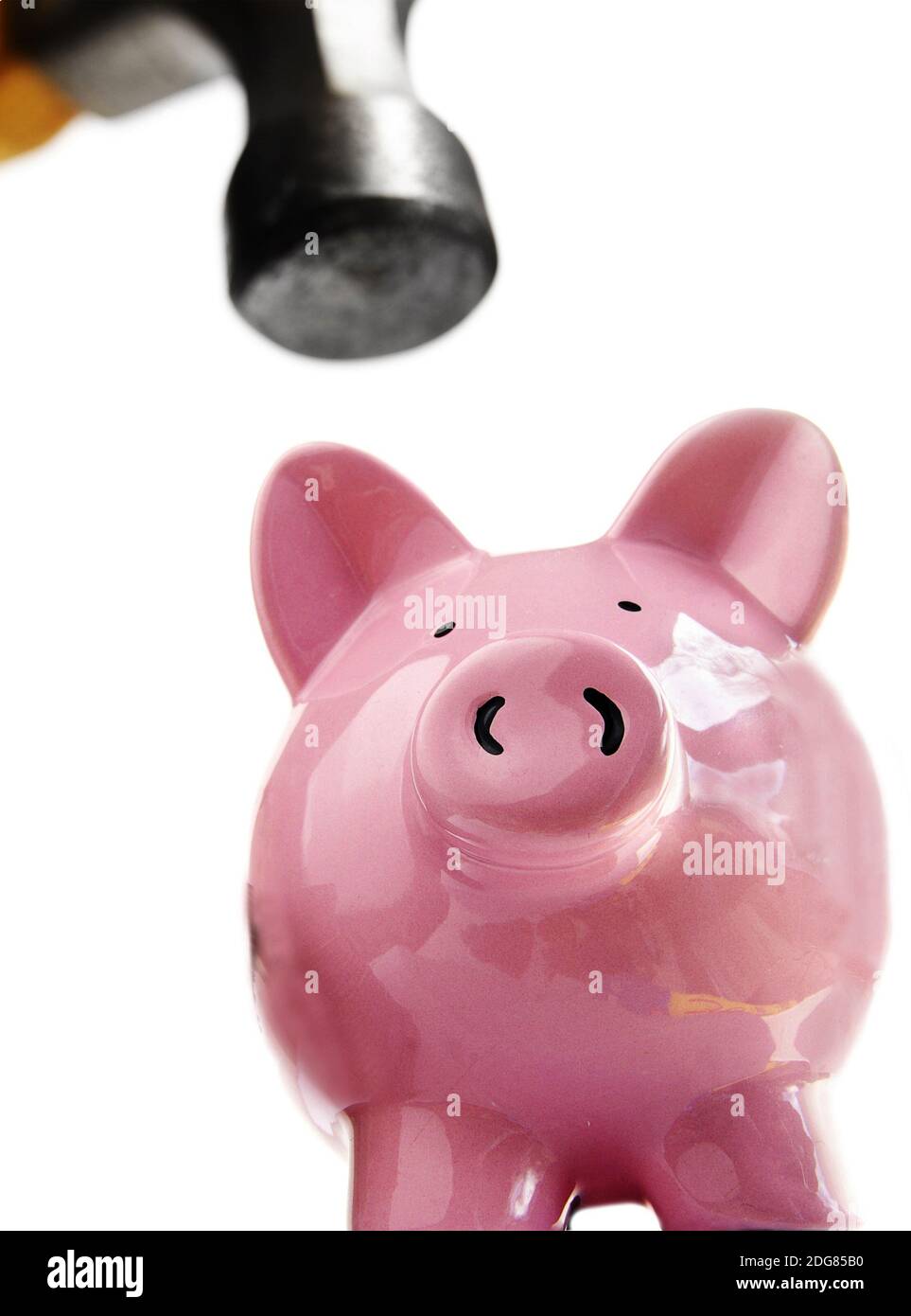 Piggy bank about to be smashed open by hammer Stock Photo Alamy