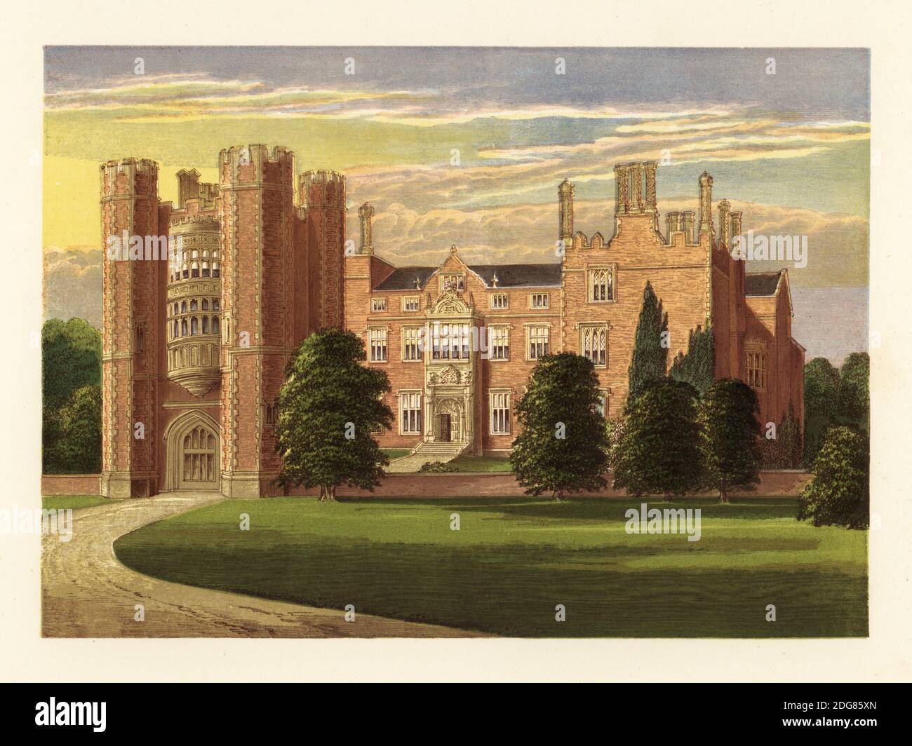 Kirtling Tower, Cambridgeshire, England. Tudor castle pulled down in 1801 apart from the castellated tower which was built for Edward North, 1st Baron North, by Richard Rich, 1st Baron Rich. Colour woodblock by Benjamin Fawcett in the Baxter process of an illustration by Alexander Francis Lydon from Reverend Francis Orpen Morris’s A Series of Picturesque Views of the Seats of Noblemen and Gentlemen of Great Britain and Ireland, William Mackenzie, London, 1870. Stock Photo