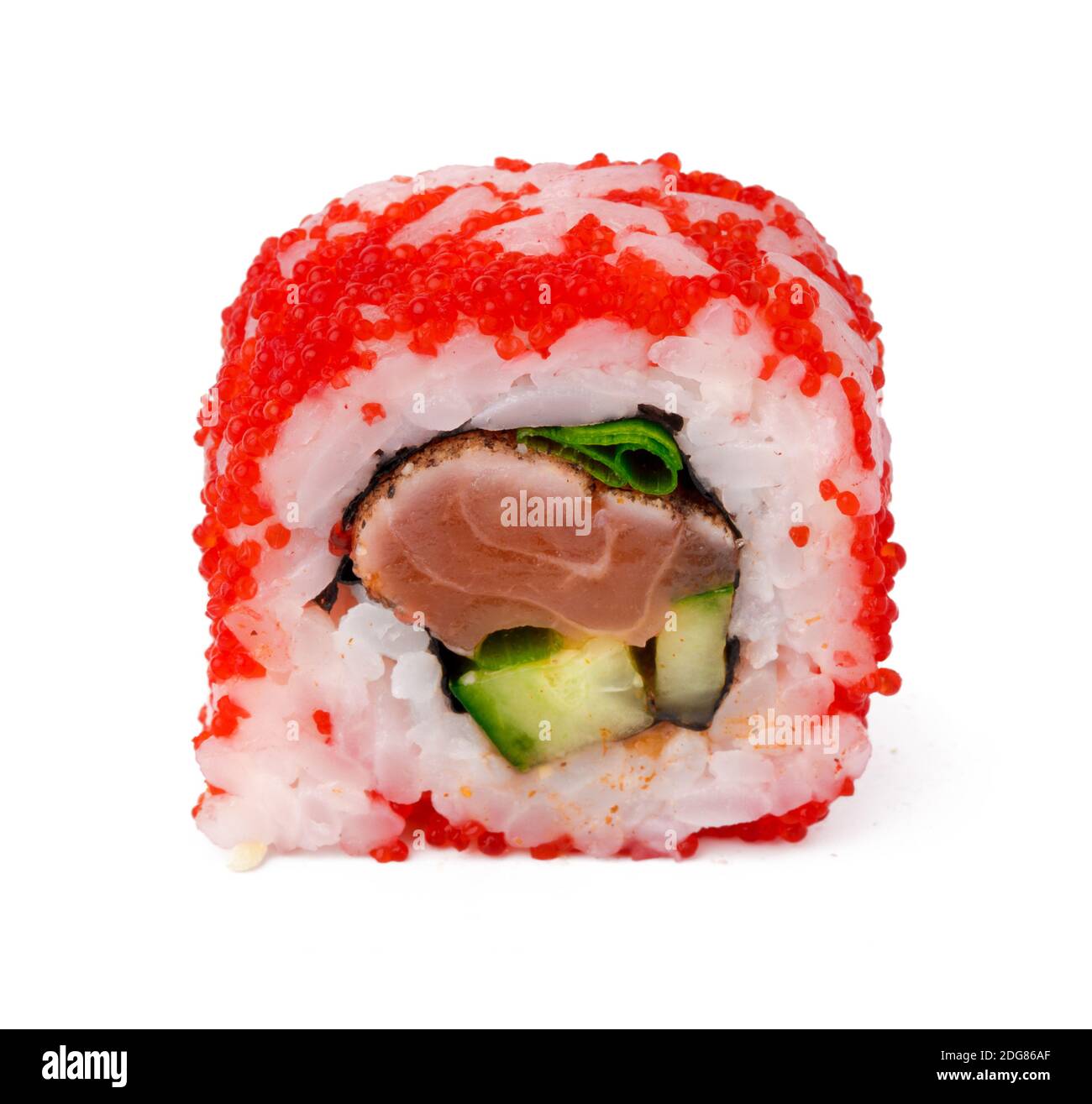 California sushi roll with red caviar isolated on white Stock Photo - Alamy