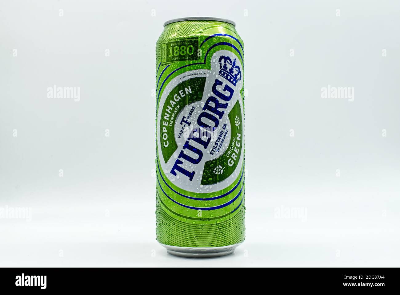 Aluminium can of Tuborg beer with water droplets Stock Photo