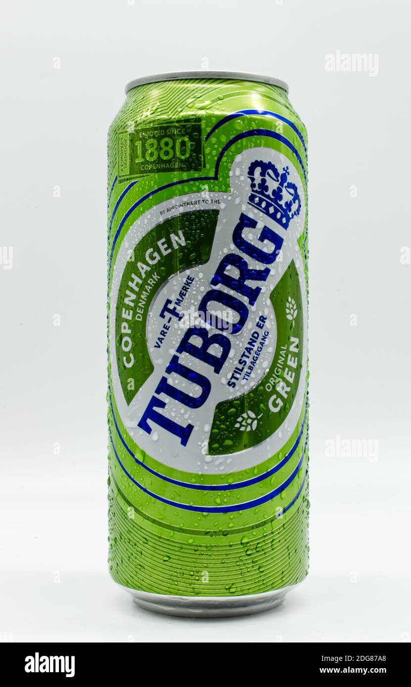 Aluminium can of Tuborg beer with water droplets Stock Photo