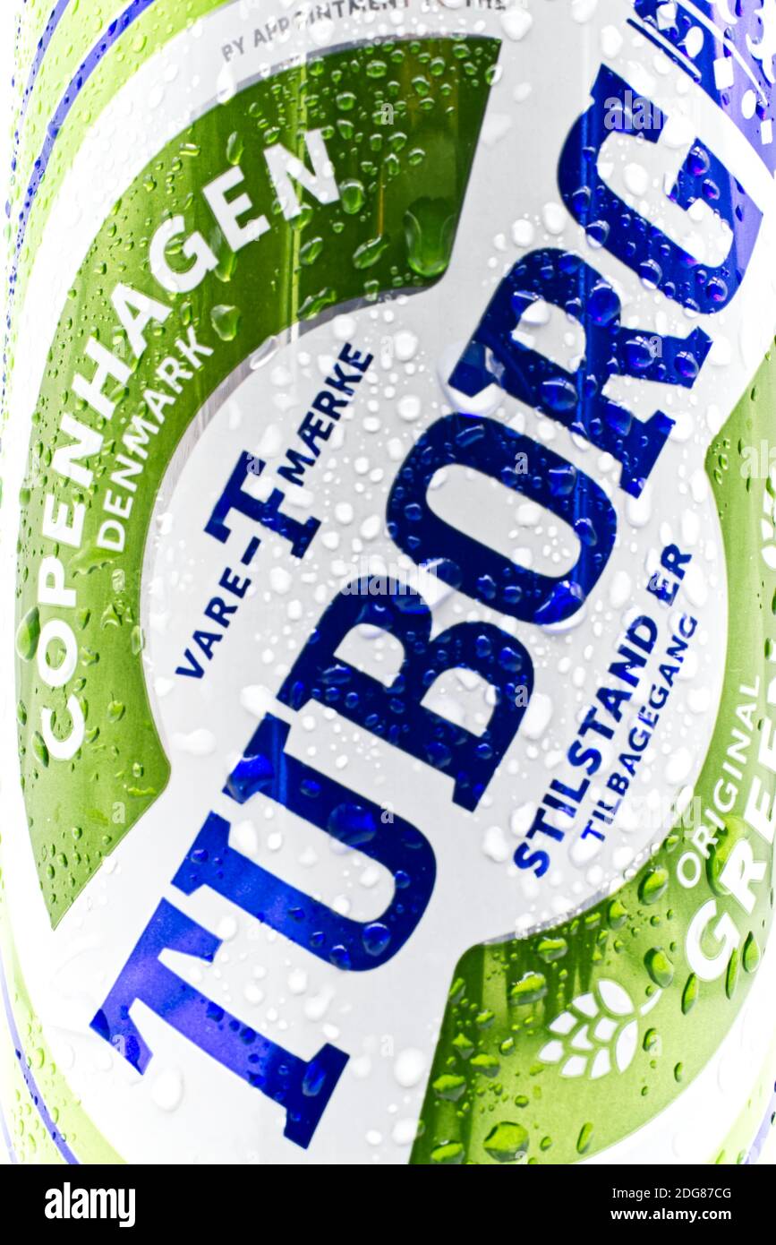 Aluminium can of Tuborg beer with water droplets Stock Photo