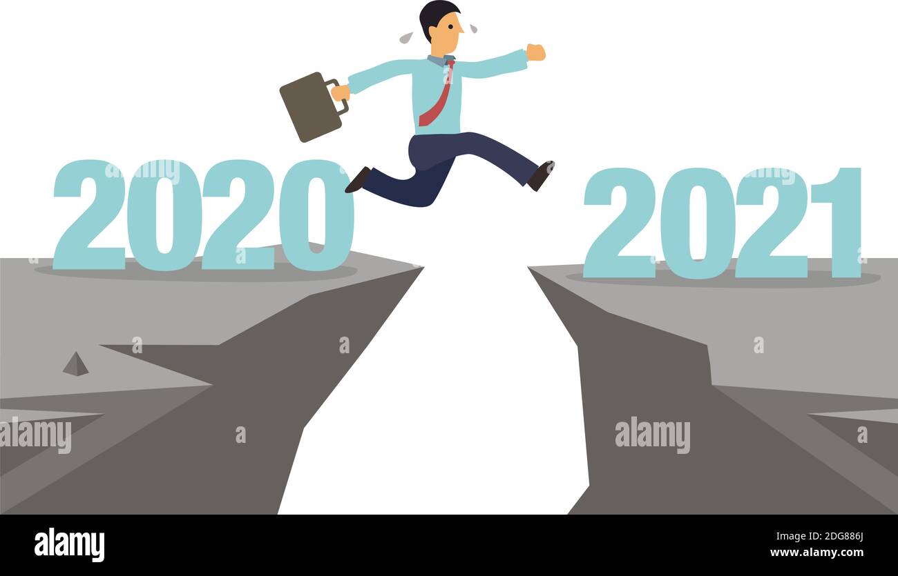 Businessman jumps to next cliff. New hope for business recovery with high risk. Changing year from 2020 to 2021 calendar. Vector illustration. Stock Vector