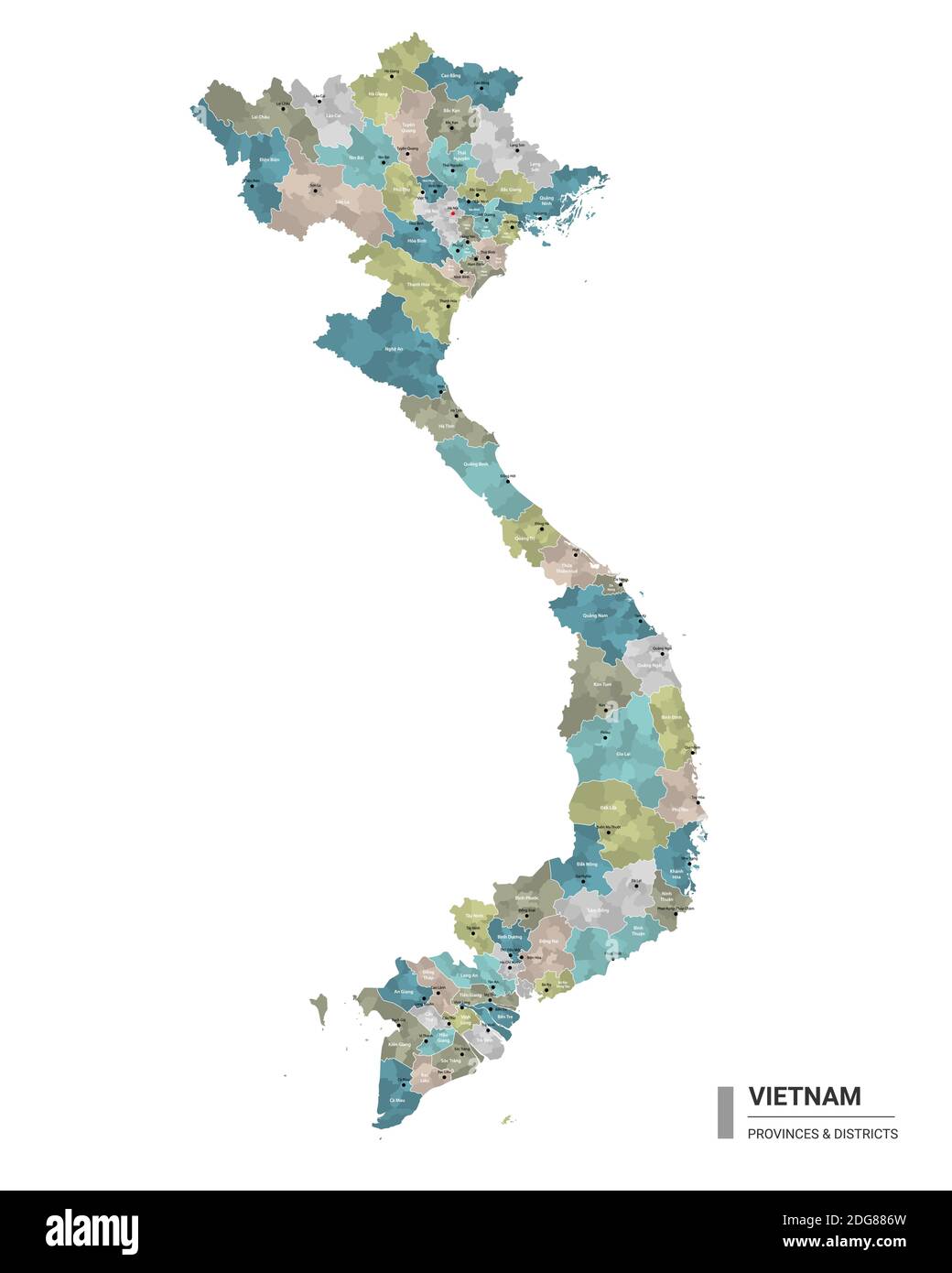 Vietnam higt detailed map with subdivisions. Administrative map of Vietnam with districts and cities name, colored by states and administrative distri Stock Vector