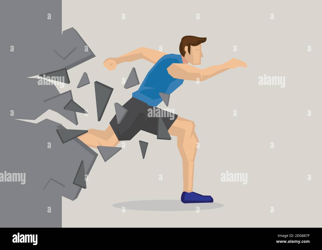 Creative cartoon vector illustration of sport man breaking wall