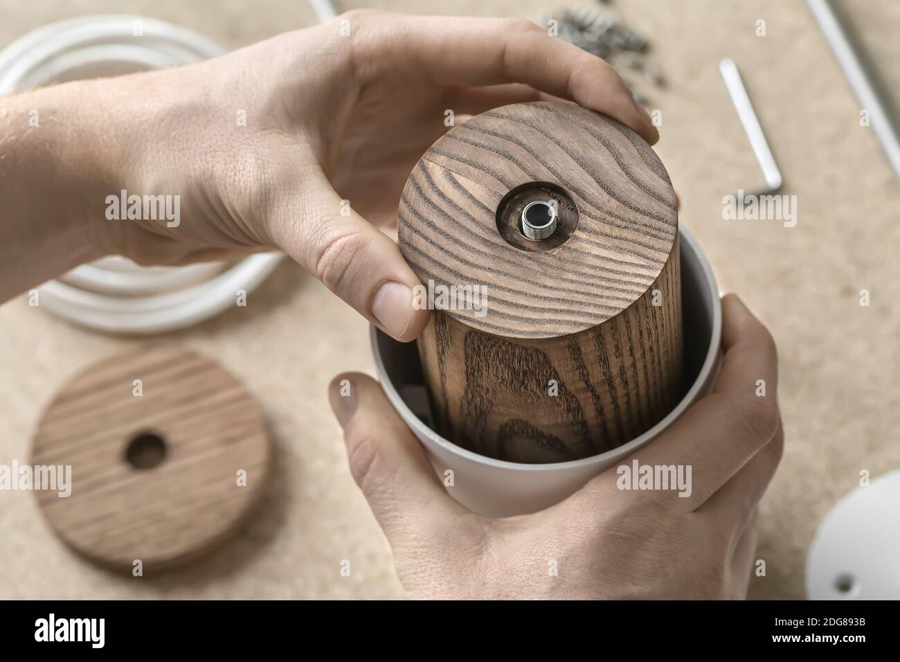 Lamp assembling in workshop Stock Photo