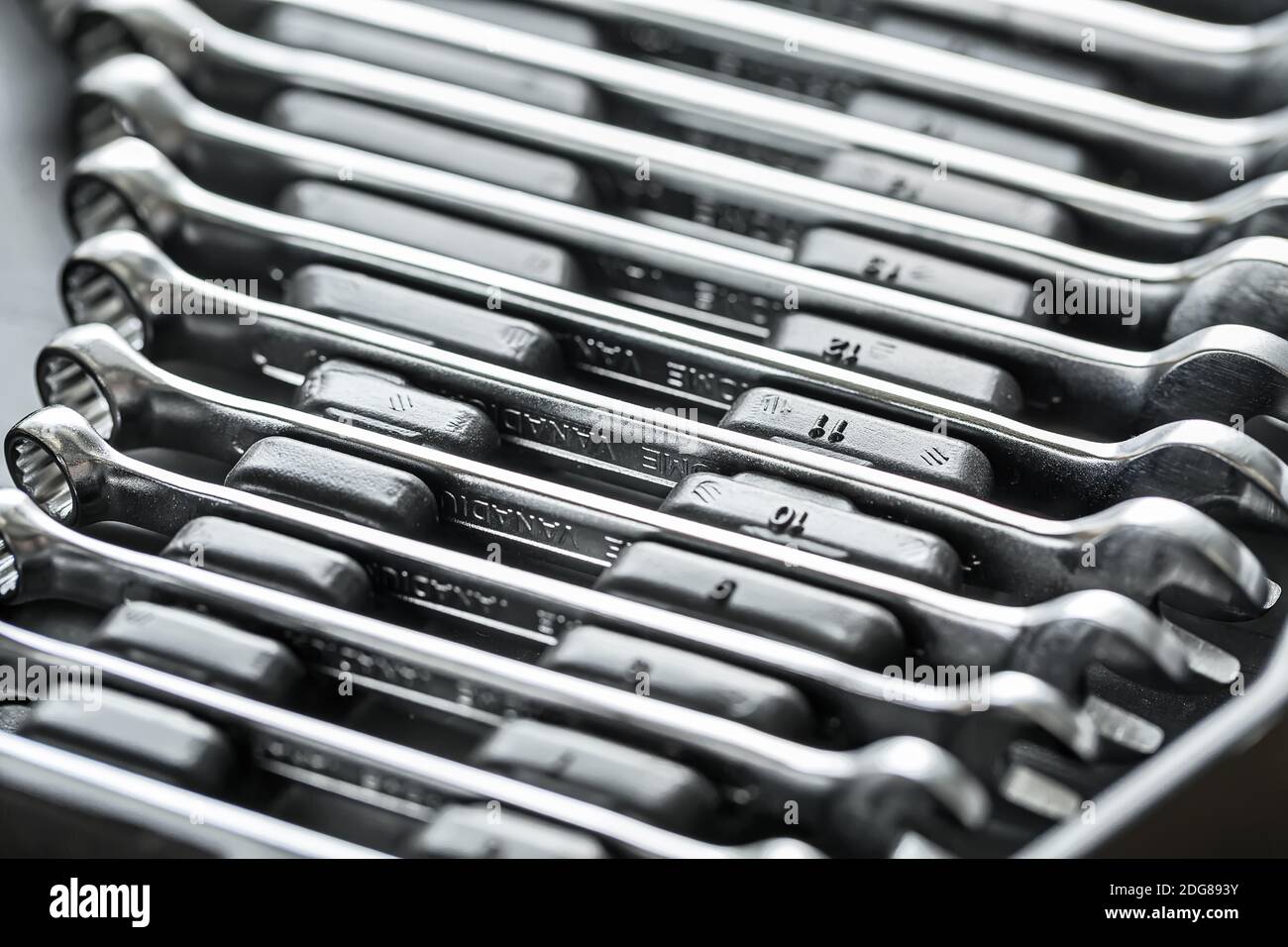 Chrome metal spanners in toolbox Stock Photo