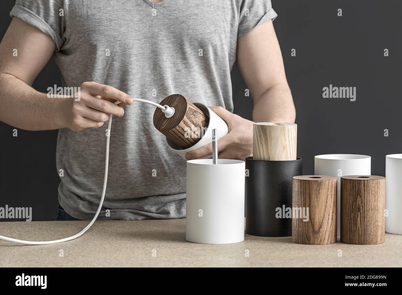 Assembling of lamp in workshop Stock Photo