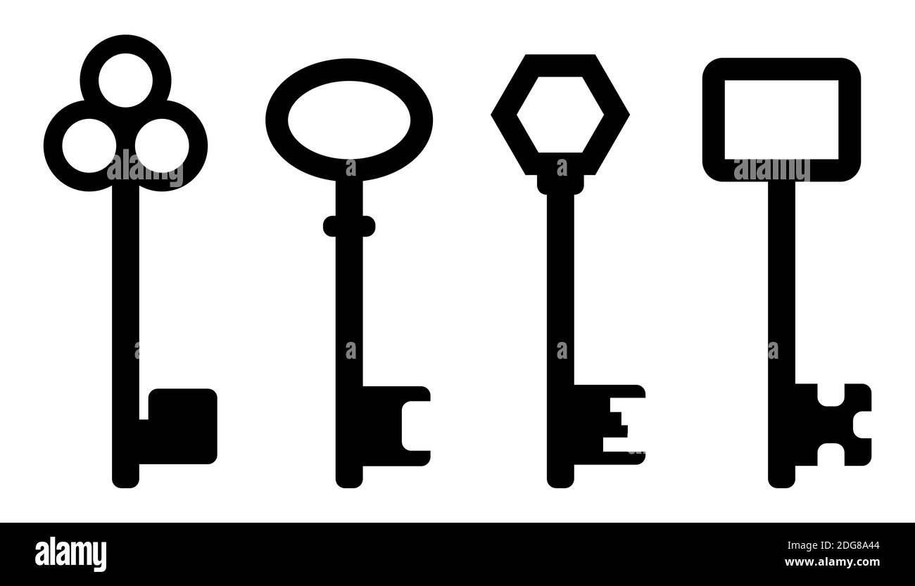Keys icon set. Collection of door key silhouette. Vector illustration isolated on white background. Black shape of locking and unlocking tools. Privac Stock Vector