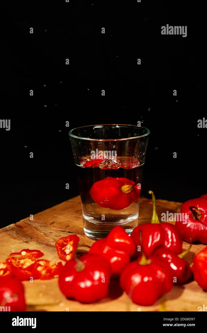 Mexican traditional alcohol drink. Sangrita, with tequila, tomato juice