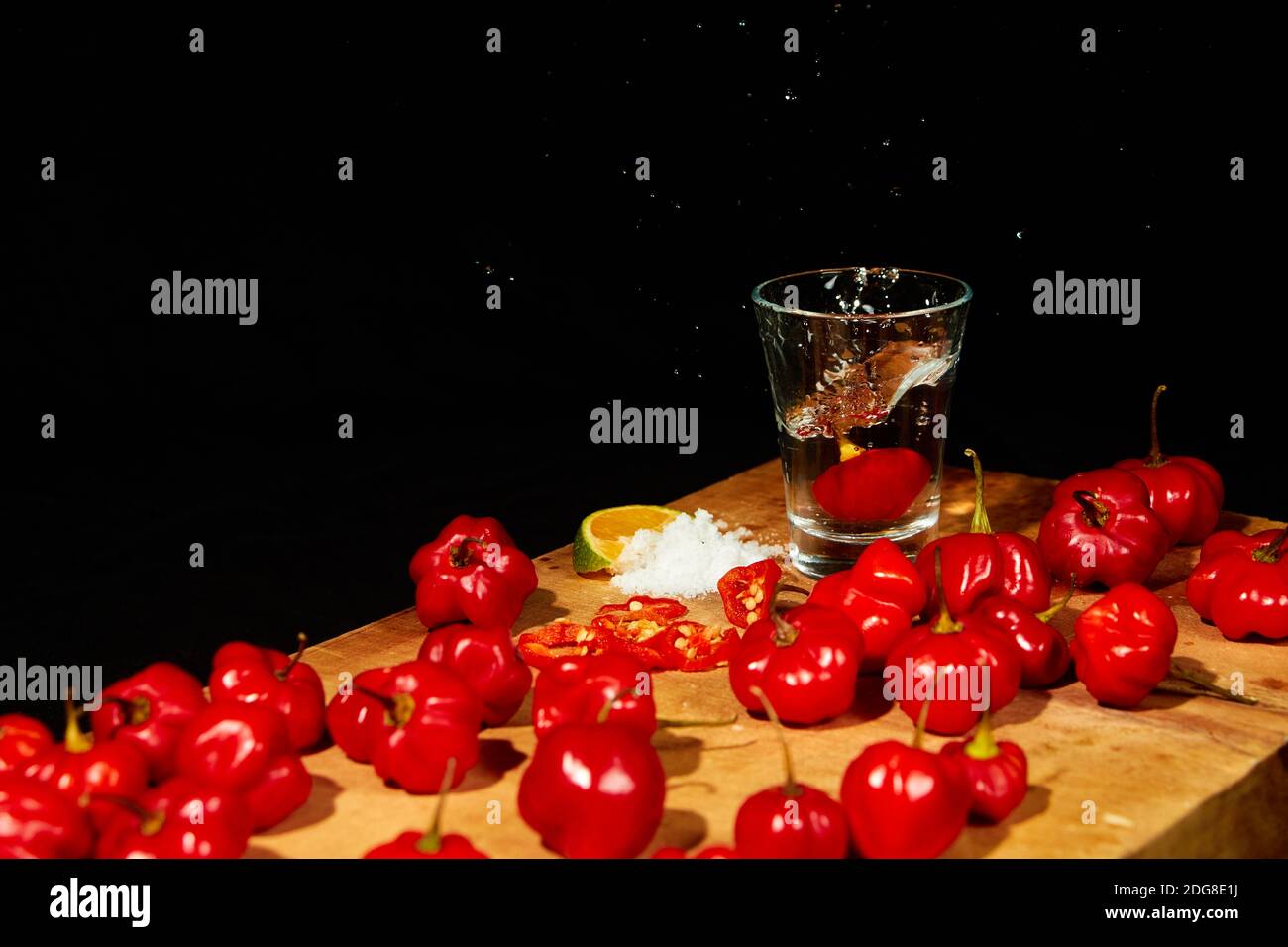 Mexican traditional alcohol drink. Sangrita, with tequila, tomato juice