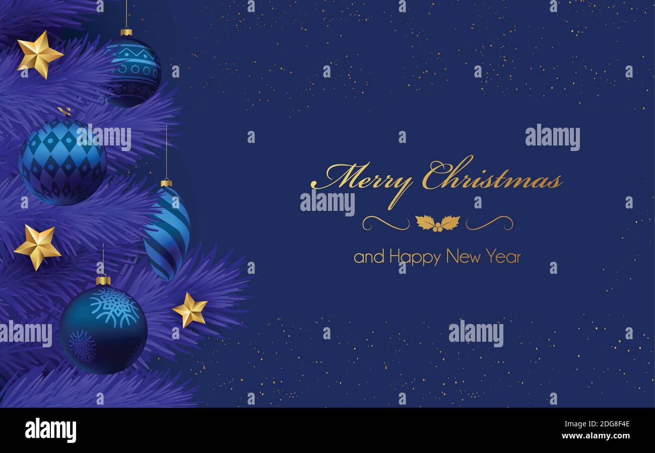Christmas blue background with christmas tree branches and blue balls