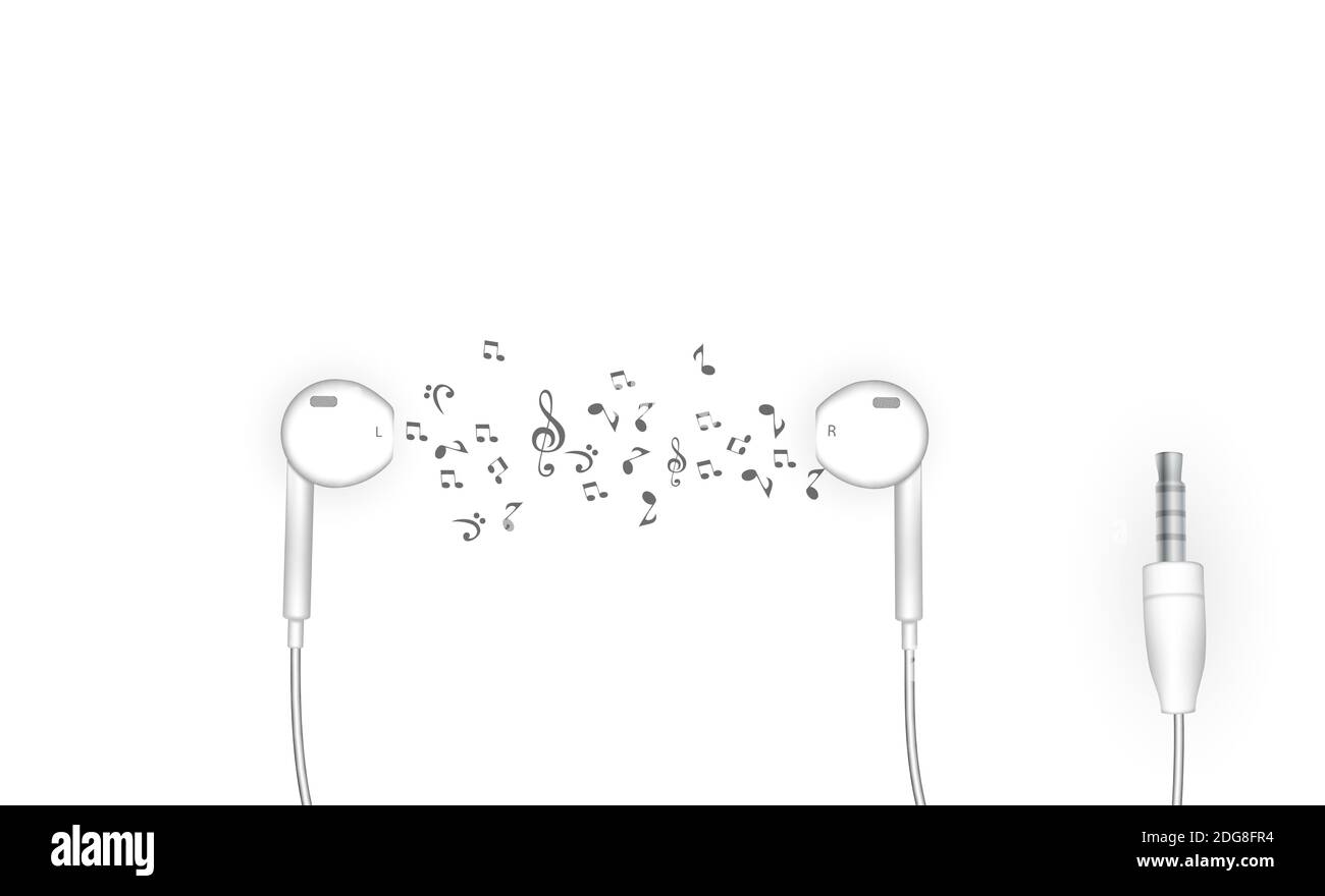 Neat stylish wired earbud headphones in white. Illustration. Stock Photo