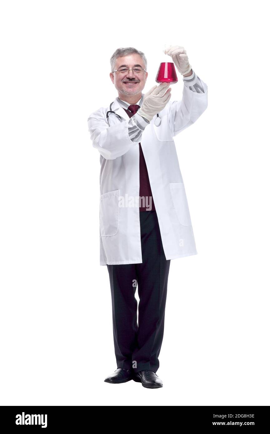 smiling doctor showing a flask with test results Stock Photo