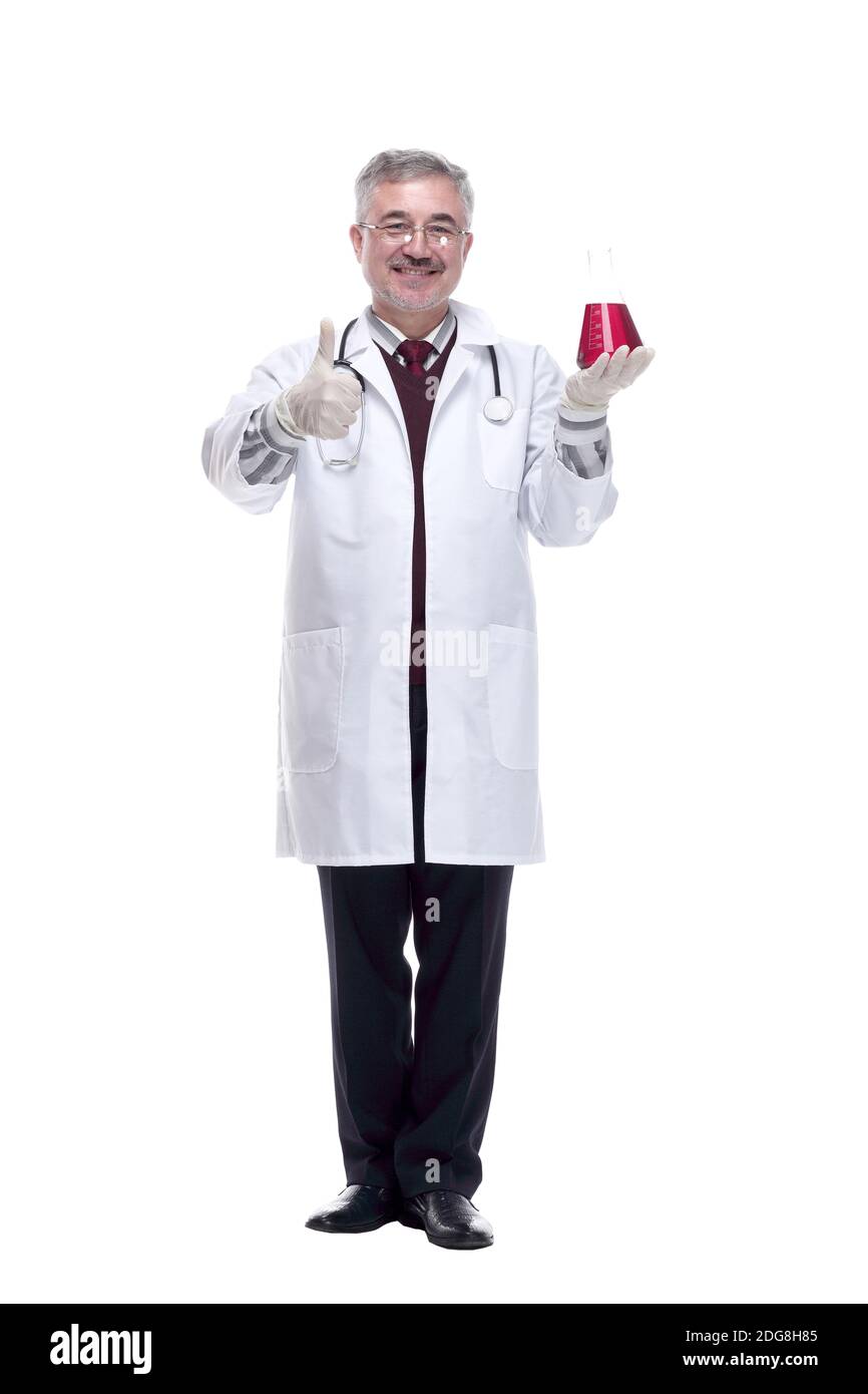 doctor in protective gloves pointing to the liquid in the flask. Stock Photo