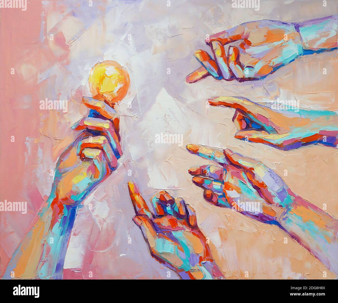 Hands oil painting. The picture depicts a metaphor for teamwork