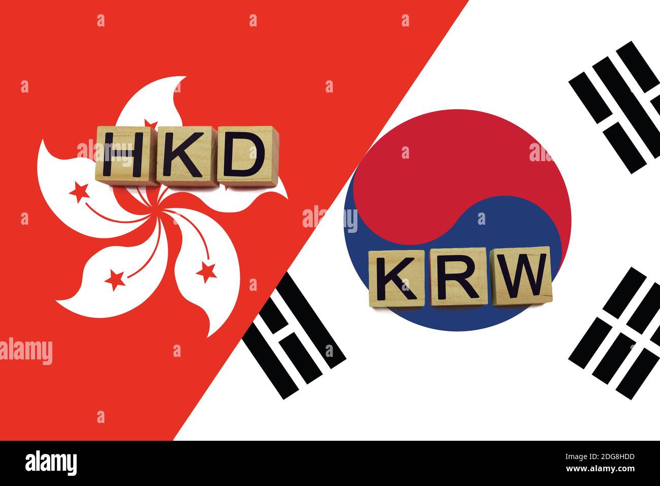 Hong Kong and South Korea currencies codes on national flags background. International money transfer concept Stock Photo