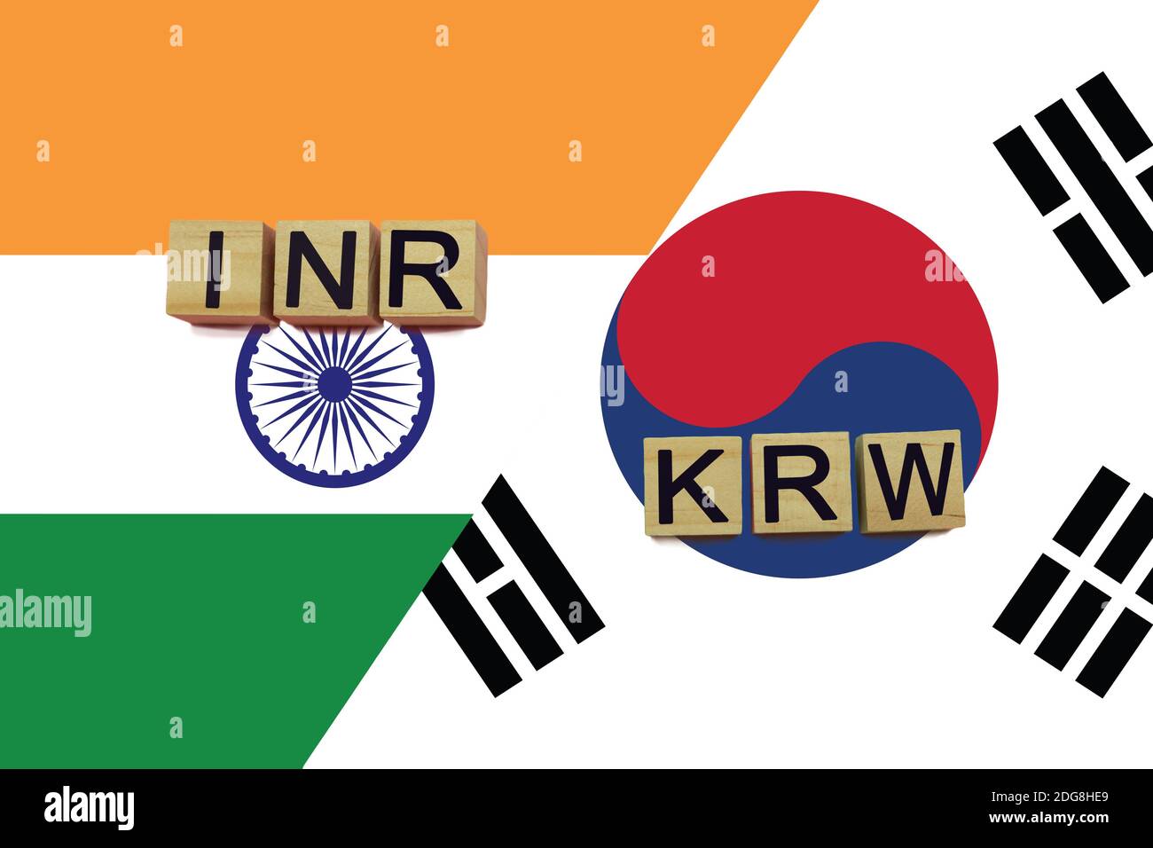 India and South Korea currencies codes on national flags background. International money transfer concept Stock Photo