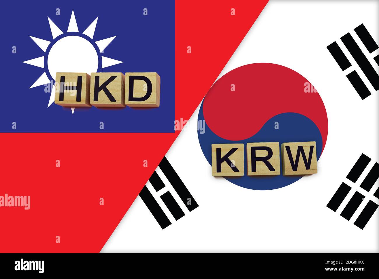 Taiwan and South Korea currencies codes on national flags background. International money transfer concept Stock Photo