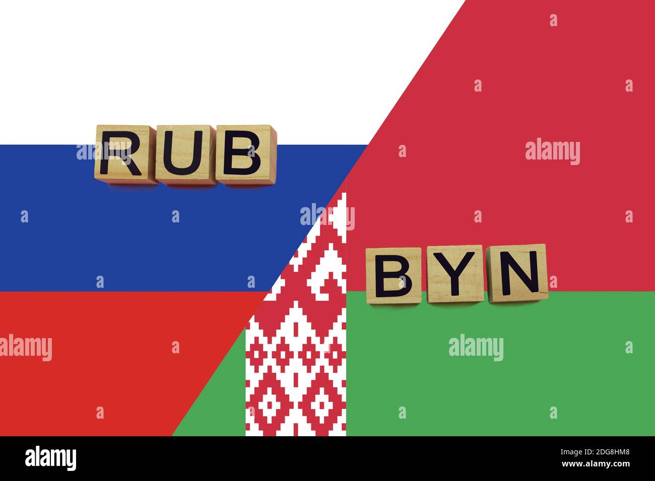 Russia and Belarus currencies codes on national flags background
