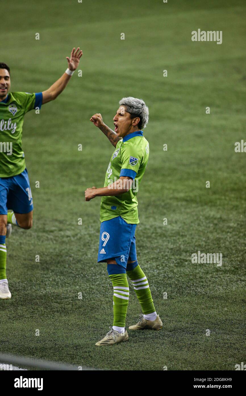 Seattle Sounders forward Raul Ruidiaz (9) reacts before his goal was overturned during the second half of the MLS Western Conference Finals at Lumen F Stock Photo